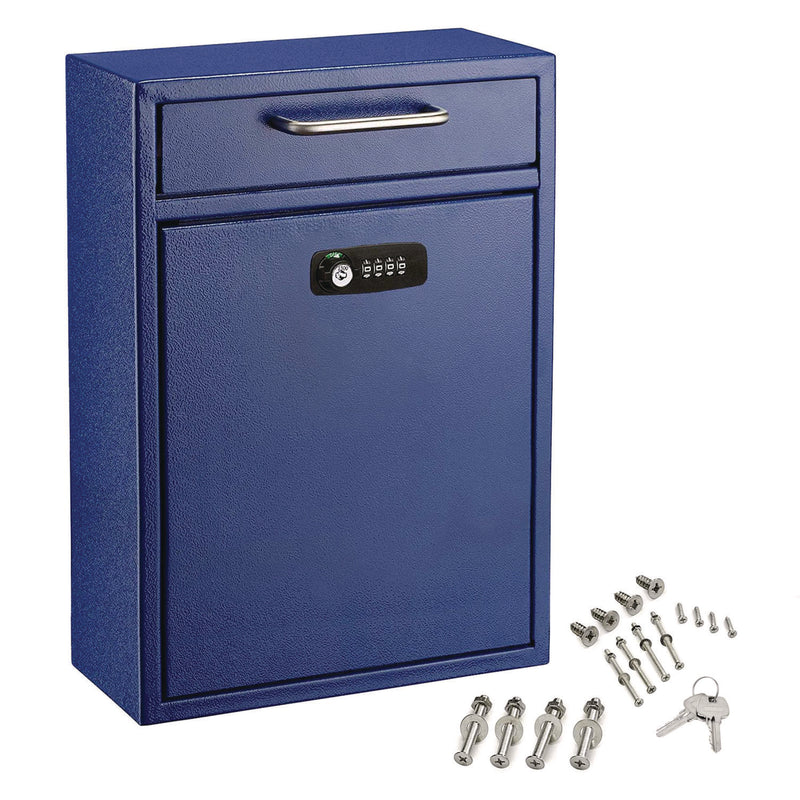 AdirOffice Large Secure Drop Box Wall Mounted Locking Mail Box with Key and Combination lock, 11.2 x 4.7 x 16.2, Blue (ALHI63104BLUKC) Each
