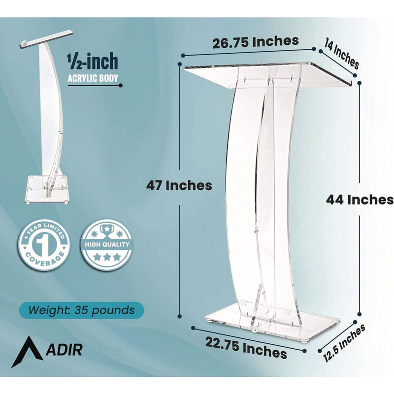 AdirOffice Acrylic Slanted Podium Lectern Speaker Stand, 26.75 x 12.5 x 47, Clear (ALHI66103CLR) Each