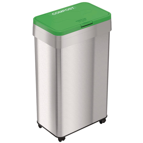 HLS Commercial® Open Top Compost Bin with Wheels and Color-Coded Lid, 21 gal, Plastic/Stainless Steel, Silver/Green (HLMHLS21UOTMCOP) Each