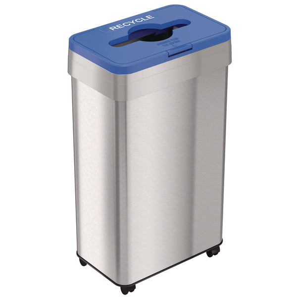 HLS Commercial® Open Top Recycling Bin with Wheels and Color-Coded Lid, 21 gal, Plastic/Stainless Steel, Silver/Blue (HLMHLS21UOTMREC) Each