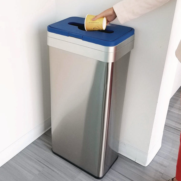 HLS Commercial® Open Top Recycle Bin with Color-Coded Lid, 21 gal, Plastic/Stainless Steel, Silver/Blue (HLMHLS21UOTREC) Each