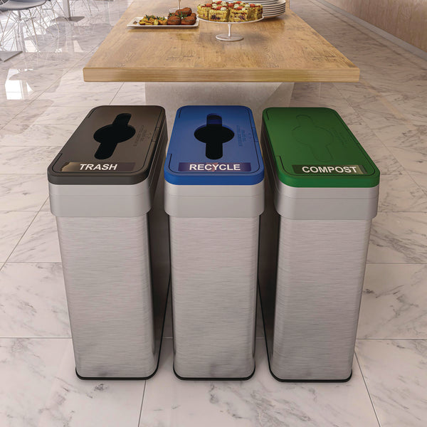HLS Commercial® Open Top Trash Can/Recycle Bin/Compost Bin w/Color-Coded Lids Set, 21 gal, Plastic/Stainless Steel, Silver/Black/Blue/Green (HLMHLS21UOTTRIO) Each