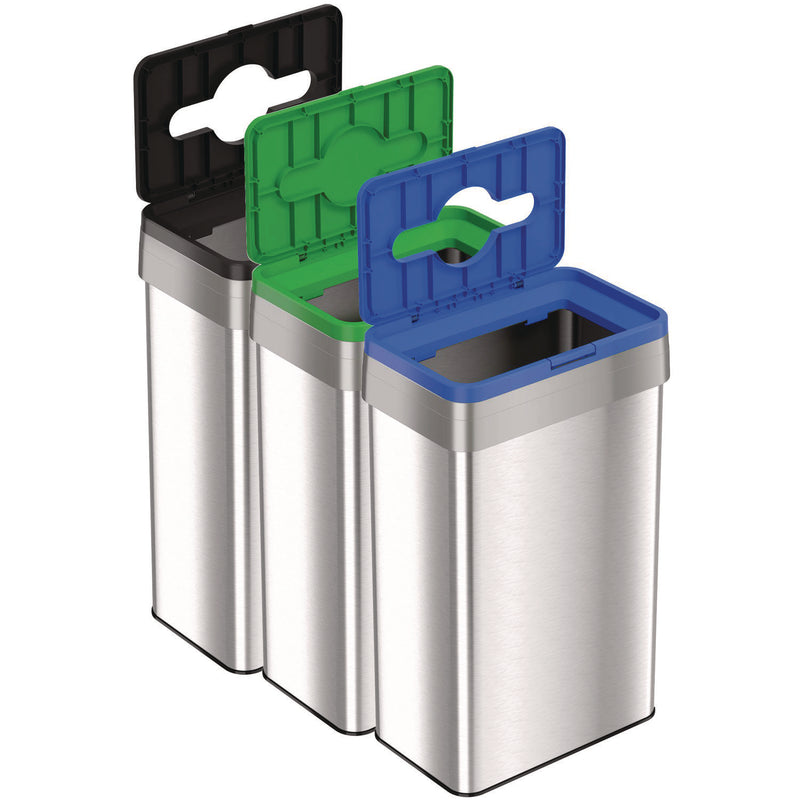HLS Commercial® Open Top Trash Can/Recycle Bin/Compost Bin w/Color-Coded Lids Set, 21 gal, Plastic/Stainless Steel, Silver/Black/Blue/Green (HLMHLS21UOTTRIO) Each