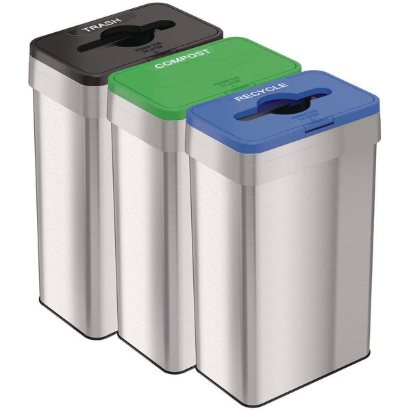 HLS Commercial® Open Top Trash Can/Recycle Bin/Compost Bin w/Color-Coded Lids Set, 21 gal, Plastic/Stainless Steel, Silver/Black/Blue/Green (HLMHLS21UOTTRIO) Each