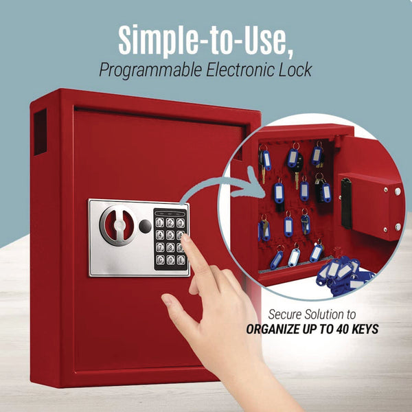 AdirOffice Steel Digital Lock Key Cabinet, 40-Key, 13 x 4 x 14.3, Stainless Steel 304, Red (ALHI68040RED) Each