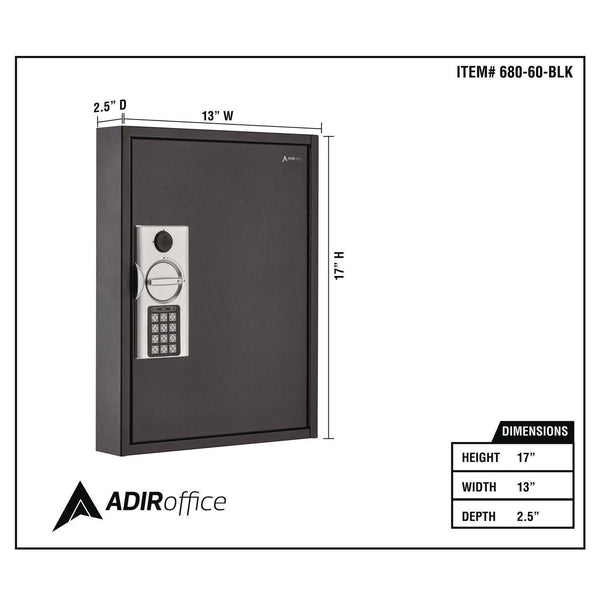 AdirOffice Steel Digital Lock Key Cabinet, 60-Key, 13 x 2.6 x 17, Stainless Steel 304, Black (ALHI68060BLK) Each