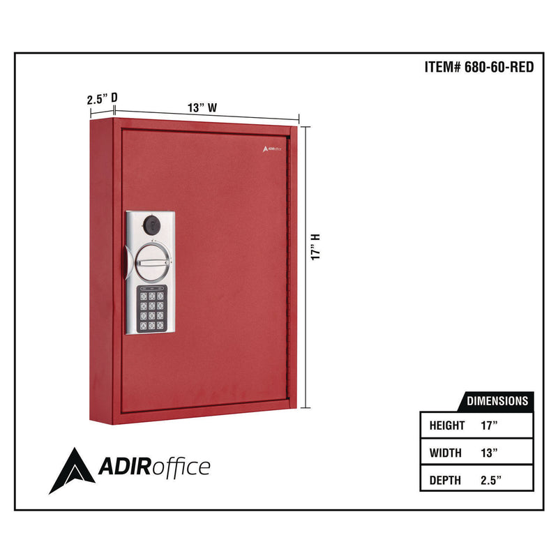 AdirOffice Steel Digital Lock Key Cabinet, 60-Key, 13 x 2.6 x 17, Stainless Steel 304, Red (ALHI68060RED) Each