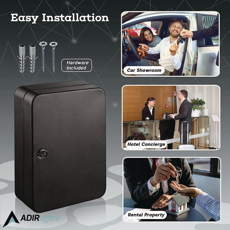 AdirOffice Steel Secure Key Cabinet with Key Lock, 48-Key, 7.1 x 3.1 x 10, Stainless Steel 304, Black (ALHI68148BLK) Each