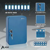 AdirOffice Steel Secure Key Cabinet with Key Lock, 48-Key, 7.1 x 3.1 x 10, Stainless Steel 304, Blue (ALHI68148BLU) Each