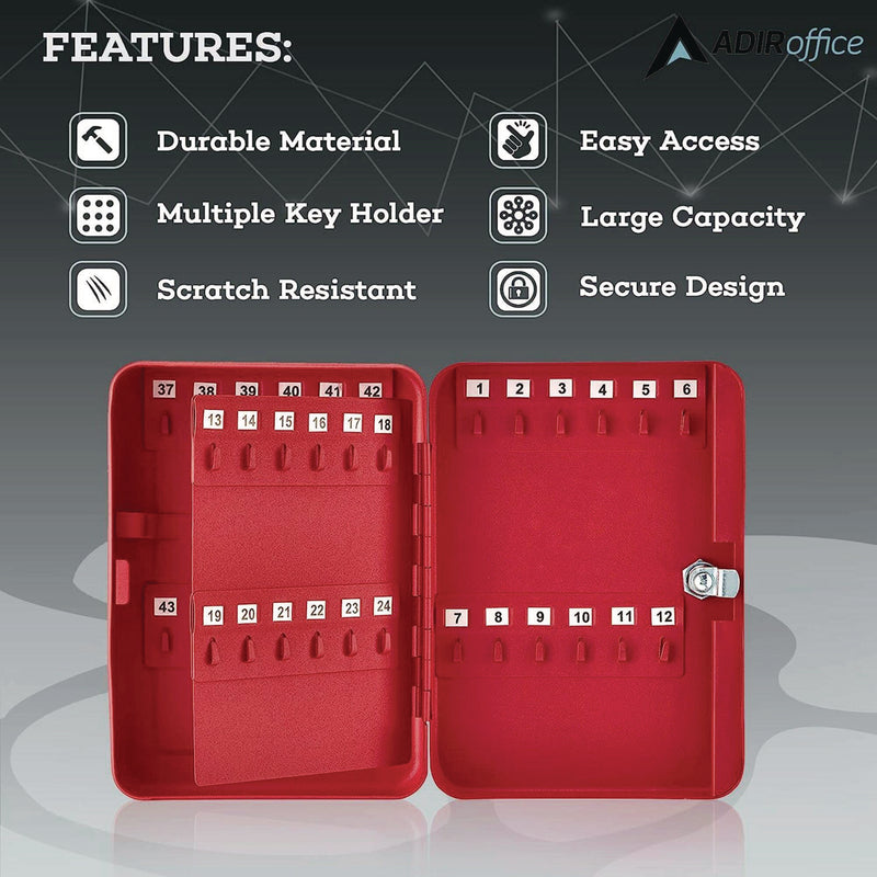 AdirOffice Steel Secure Key Cabinet with Key Lock, 48-Key, 7.1 x 3.1 x 10, Stainless Steel 304, Red (ALHI68148RED) Each