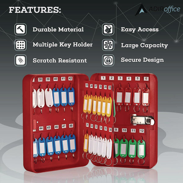 AdirOffice Steel Heavy-Duty Key Cabinet with Combination Lock, 48-Key, 7.1 x 3 x 10, Stainless Steel 304, Red (ALHI68248RED) Each