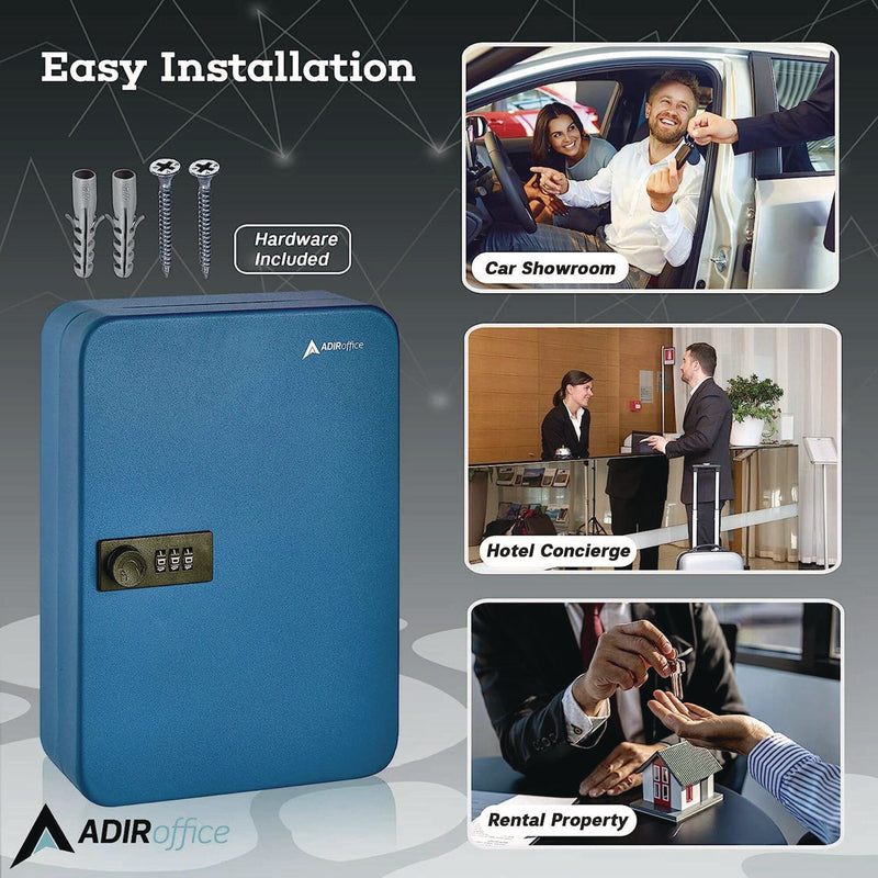 AdirOffice Steel Heavy-Duty Key Cabinet with Combination Lock, 48-Key, 7.1 x 3 x 10, Stainless Steel 304, Blue (ALHI68248BLU) Each