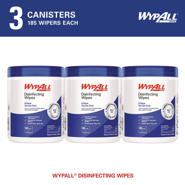 WypAll® Disinfecting Wipes, 1-Ply, 5.16 x 8.5, Fresh Scent, White, 185 Sheets/Canister, 3 Canisters/Carton (KCC54481) Case of 3