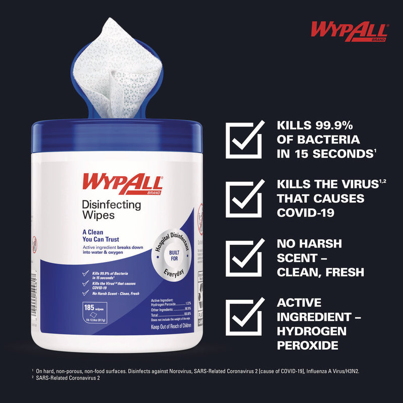 WypAll® Disinfecting Wipes, 1-Ply, 5.16 x 8.5, Fresh Scent, White, 185 Sheets/Canister, 3 Canisters/Carton (KCC54481) Case of 3