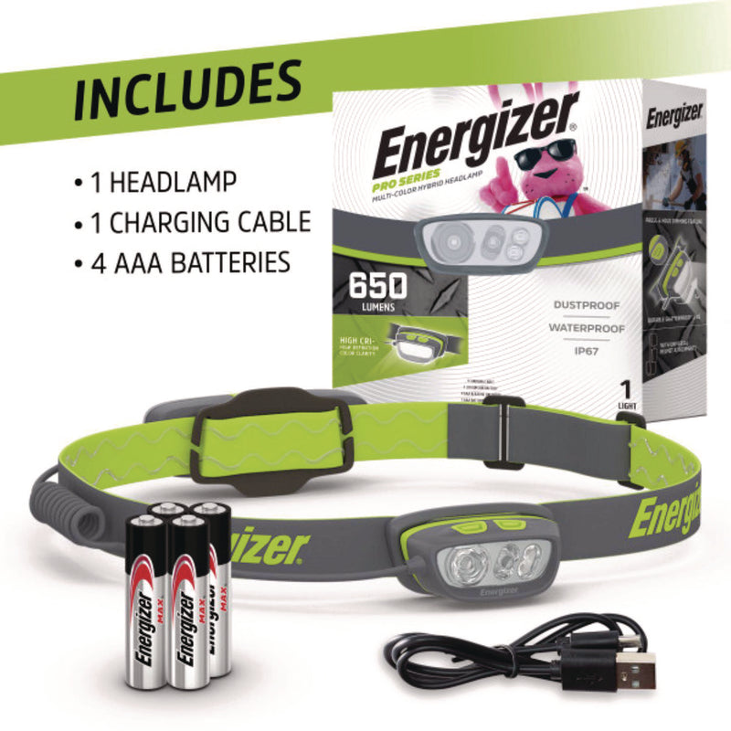 Energizer® Pro Series Multi-Color Hybrid Headlamp, Rechargeable Lithium Ion/4 AAA Batteries (Included), Gray/Green (EVEENY38A42P) Each