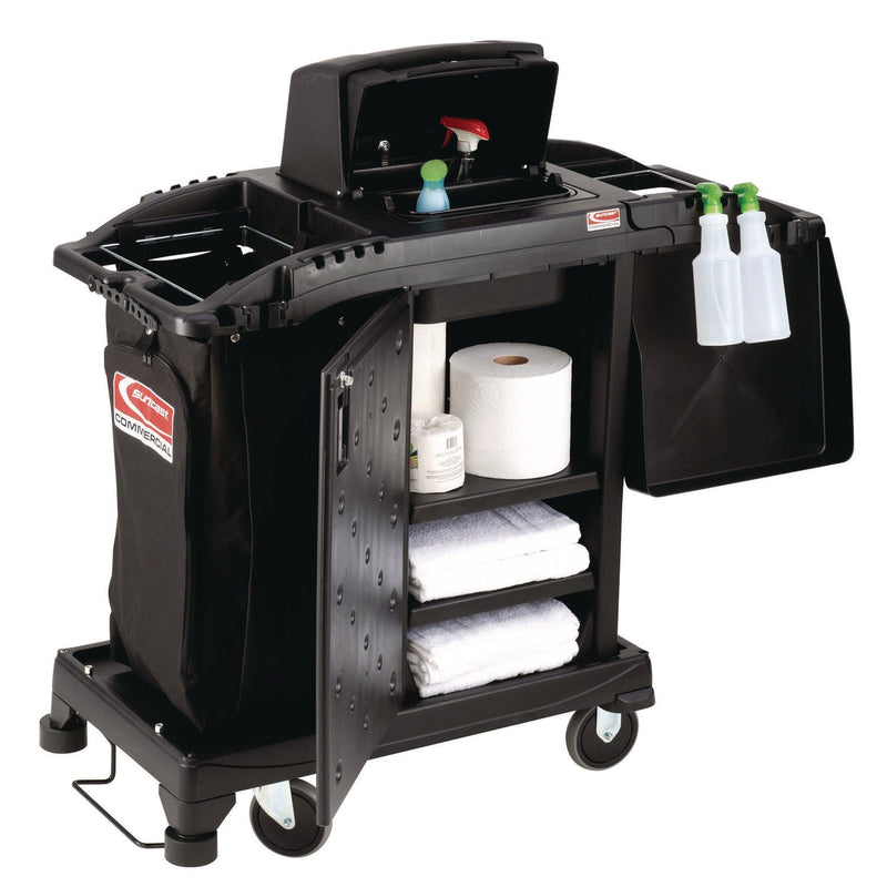 Suncast Commercial® Compact Premium Housekeeping Cart, Plastic, 1 Shelf, 23.25" x 53.22" x 53.06", Black (SUAHKCCH200) Each