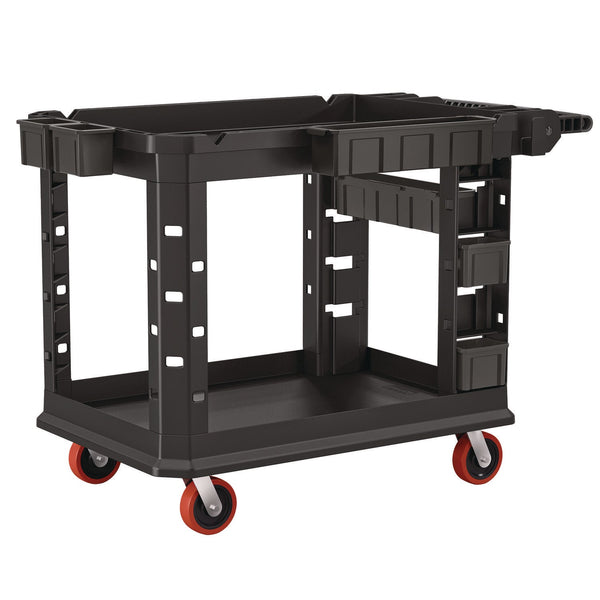 Suncast Commercial® Heavy Duty Plus Utility Cart, Plastic, 2 Shelves, 6 Bins, Capacity, 26.5" x 48.78" x 34.81", Black (SUAPUCHD2645) Each