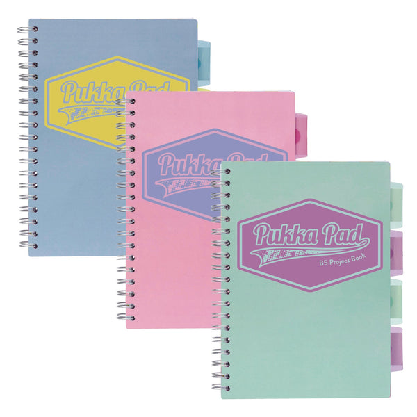 PUKKA PAD® B5 Size Project Book, 4 -Subject, Medium/College Rule, Assorted Cover Colors, (100) 9.8 x 6.9 Sheets, 3/Pack (PUK3032PST) Pack of 3