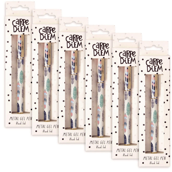PUKKA PAD® Carpe Diem All Metal Gel Pens Gel Pen, Stick, Medium 0.7 mm, Black Ink, White/Blue/Green Feather Barrel, 6/Pack (PUK9213CD) Pack of 6