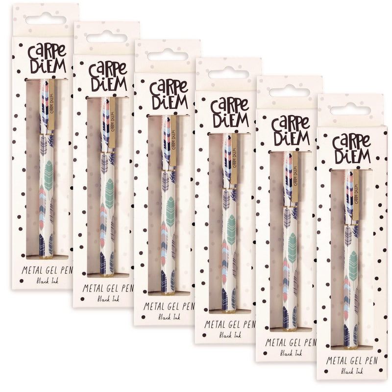 PUKKA PAD® Carpe Diem All Metal Gel Pens Gel Pen, Stick, Medium 0.7 mm, Black Ink, White/Blue/Green Feather Barrel, 6/Pack (PUK9213CD) Pack of 6