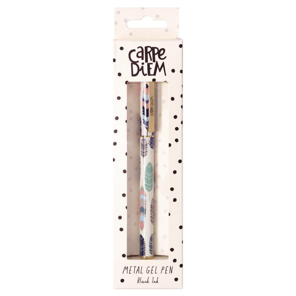 PUKKA PAD® Carpe Diem All Metal Gel Pens Gel Pen, Stick, Medium 0.7 mm, Black Ink, White/Blue/Green Feather Barrel, 6/Pack (PUK9213CD) Pack of 6