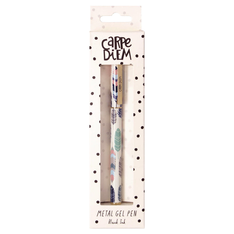 PUKKA PAD® Carpe Diem All Metal Gel Pens Gel Pen, Stick, Medium 0.7 mm, Black Ink, White/Blue/Green Feather Barrel, 6/Pack (PUK9213CD) Pack of 6