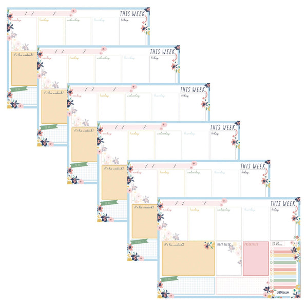Weekly Planner Pad, Floral, 11.7 x 8.3, Blue/Pink/White/Yellow Cover, 12-Month, Undated, 6/Pack (PUK9208CD) Pack of 6