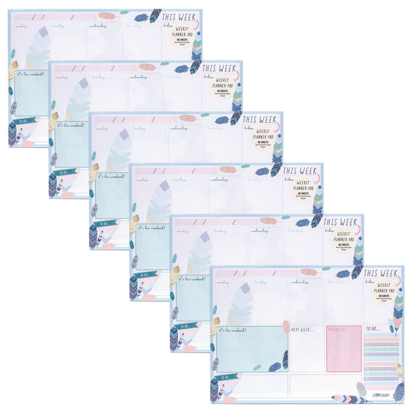 Weekly Planner Pad, Feathers, 11.7 x 8.3, Blue/Cream/Pink Cover, 12-Month, Undated, 6/Pack (PUK9219CD) Pack of 6