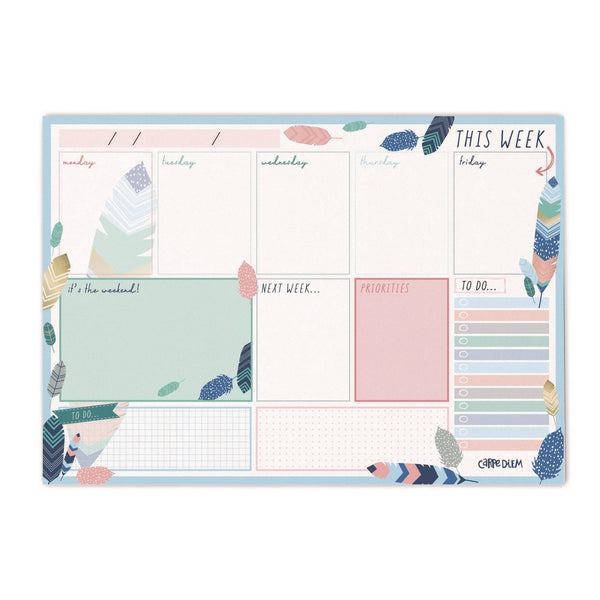Weekly Planner Pad, Feathers, 11.7 x 8.3, Blue/Cream/Pink Cover, 12-Month, Undated, 6/Pack (PUK9219CD) Pack of 6