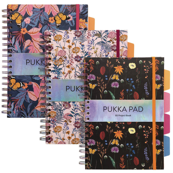 PUKKA PAD® B5 Size Project Book, 4-Subject, Medium/College Rule, Assorted Blum Floral Covers, (100) 9.8 x 6.9 Sheets, 3/Pack (PUK9494BLMASST) Pack of 3