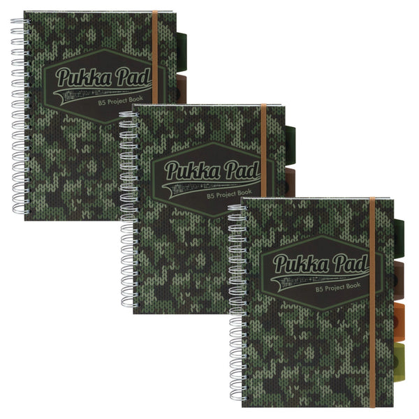PUKKA PAD® B5 Size Project Book, 4-Subject, Medium/College Rule, Black/Green Camo Knit Cover, (100) 9.8 x 6.9 Sheets, 3/Pack (PUK9756CAM) Pack of 3