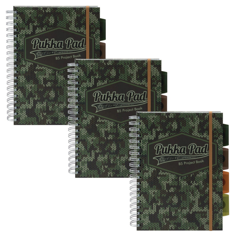 PUKKA PAD® B5 Size Project Book, 4-Subject, Medium/College Rule, Black/Green Camo Knit Cover, (100) 9.8 x 6.9 Sheets, 3/Pack (PUK9756CAM) Pack of 3