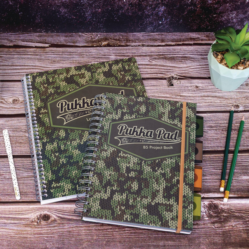 PUKKA PAD® B5 Size Project Book, 4-Subject, Medium/College Rule, Black/Green Camo Knit Cover, (100) 9.8 x 6.9 Sheets, 3/Pack (PUK9756CAM) Pack of 3
