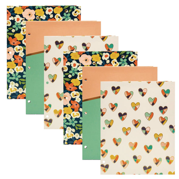 Two-Pocket Portfolio Folder, 1" Capacity, 9.6 x 11.9, Floral/Geometric/Hearts, 6/Pack (PUK9098CD) Pack of 6