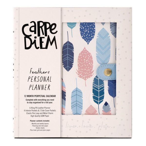 Personal Planner, Feathers, 7.48 x 6.42, Blue/Cream/Pink Cover, 12-Month, Undated (PUK9210CD) Each