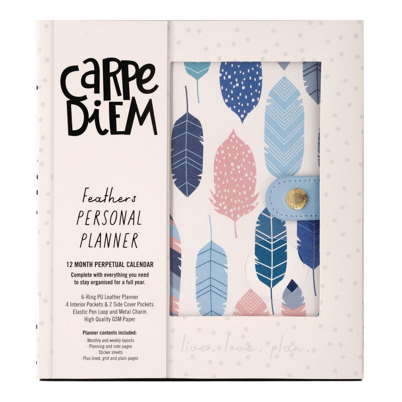 Personal Planner, Feathers, 7.48 x 6.42, Blue/Cream/Pink Cover, 12-Month, Undated (PUK9210CD) Each