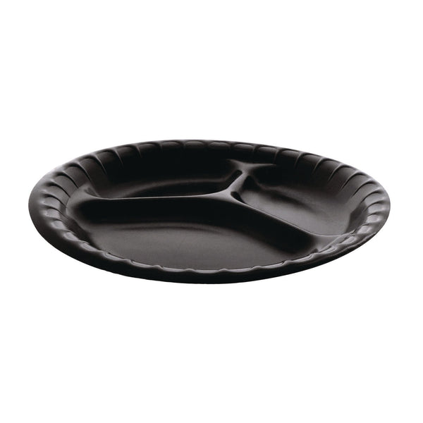 Pactiv Evergreen Placesetter Deluxe Laminated Foam Dinnerware, 3-Compartment Plate, 9" dia, Black, 500/Carton (PCTYTKB00110000) Case of 500