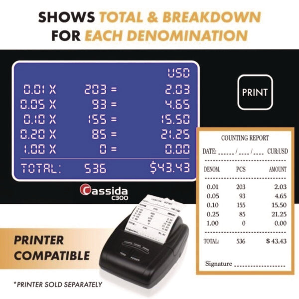 Cassida C300 Series Coin Sorter/Counter, 300 Coins/Min, 11" x 11" x 10", Gray (CIAC300) Each