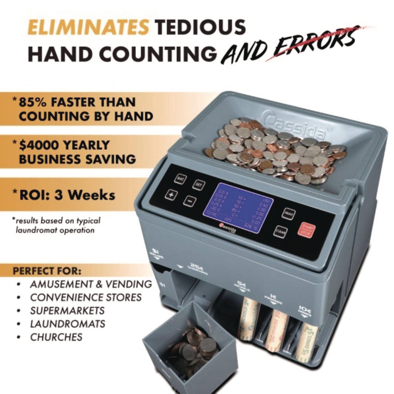 Cassida C300 Series Coin Sorter/Counter, 300 Coins/Min, 11" x 11" x 10", Gray (CIAC300) Each