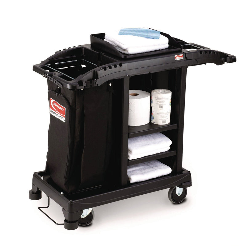 Suncast Commercial® Compact Standard Housekeeping Cart, Plastic, 1 Shelf, 23.25" x 53.18" x 46.57", Black (SUAHKCCT100) Each