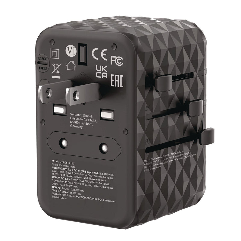 Verbatim® UTA-05 Gan III Universal Travel Adapter, (2) USB-A/(2) USB-C/Quick Charge 4+ (VER32120) Each