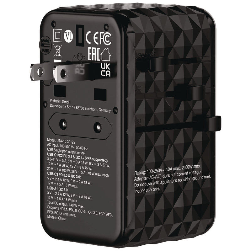 Verbatim® UTA-10 GaN III Universal Travel Adapter, (3) USB-A/(3) USB-C (VER32125) Each