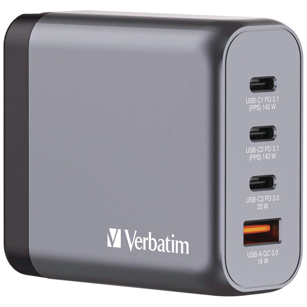 Verbatim® 140 W 4-Port GaN Wall Charger, Black/Gray (VER32203) Each