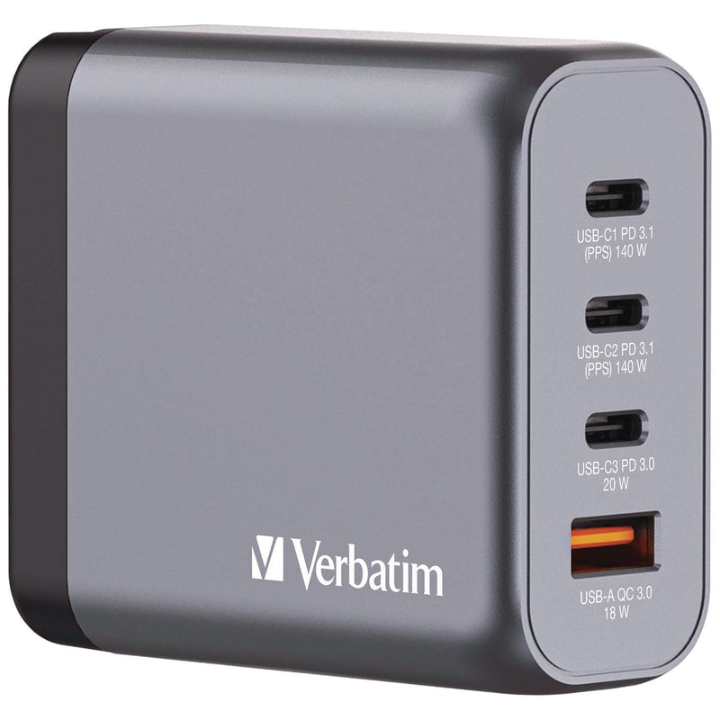 Verbatim® 140 W 4-Port GaN Wall Charger, Black/Gray (VER32203) Each