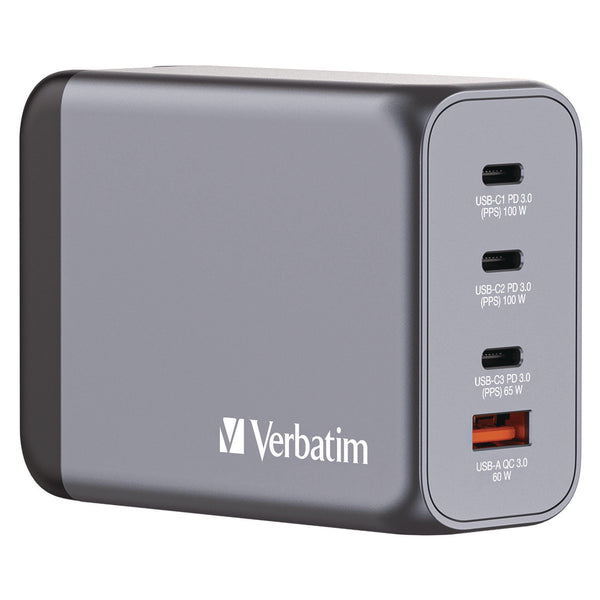 Verbatim® 200 W 4-Port GaN Wall Charger, Black/Gray (VER32204) Each