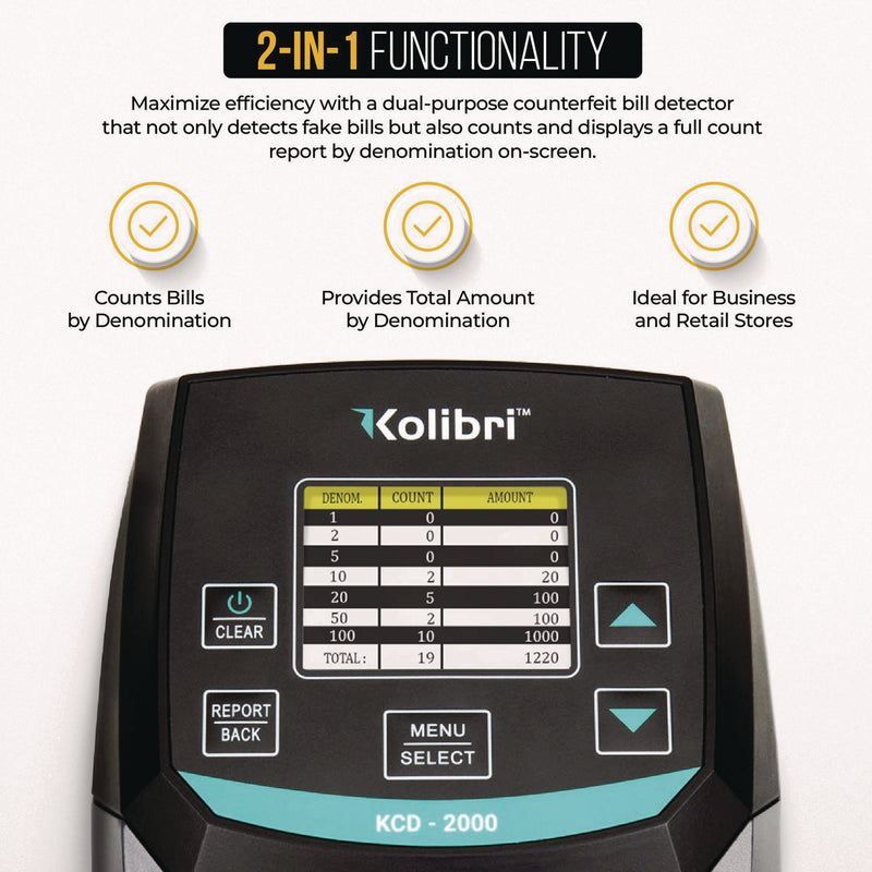 Kolibri KCD-2000 Counterfeit Detector, IR Detector; Magnetic Strip Detection; UV Light, U.S. Currency, 5 x 6 x 5, Black/Gray (KIBKCD2000) Each