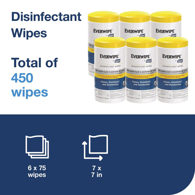 Tork® Disinfectant Wipe Canisters, 1-Ply, 7 x 7, Lemon, White, 75 Sheets/Canister, 6/Carton (TRK192820) Case of 6