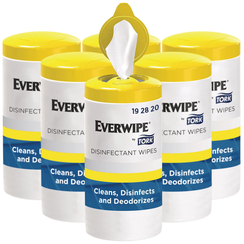 Tork® Disinfectant Wipe Canisters, 1-Ply, 7 x 7, Lemon, White, 75 Sheets/Canister, 6/Carton (TRK192820) Case of 6