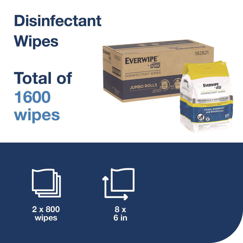 Tork® Disinfectant Wipe Jumbo Rolls, 1-Ply, 8 x 6, Lemon, White, 800 Sheets, 2/Carton (TRK192821) Case of 2