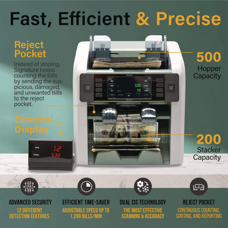 Kolibri Signature Mixed Denomination Counter, 1,200 Bills/min, 10.5 x 11.7 x 10.5, Light Gray (KIBSIGNATURE) Each